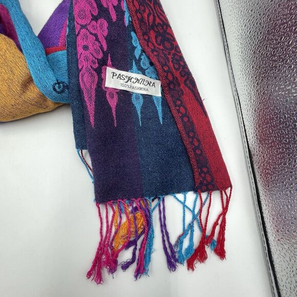 Pashmina Scarf Wrap Shawl 100% Pashmina Multicolor Fringe Boho 68x27 In - Picture 2 of 9